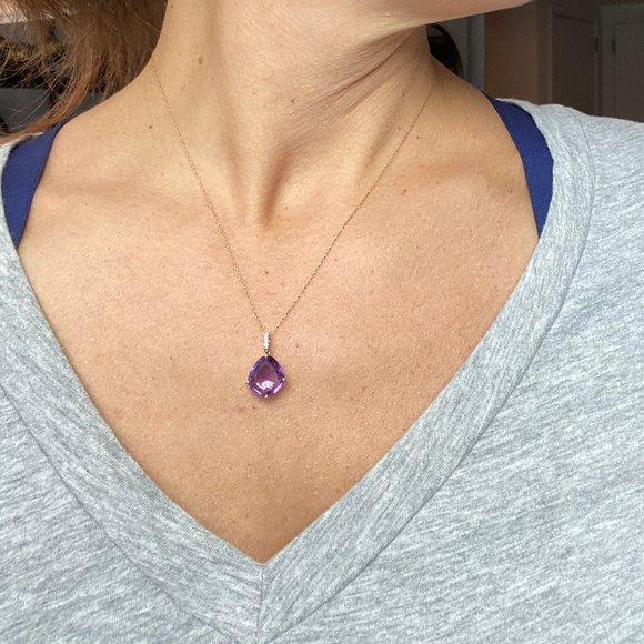 Purple 4.22 Carat Amethyst and Diamond Necklace 18" Yellow 14K Gold Chain - Picture 3 of 12